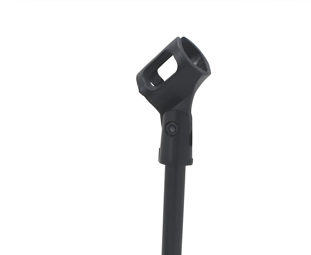 Black metal desktop microphone bracket with triangular base and fixed 22cm height stand