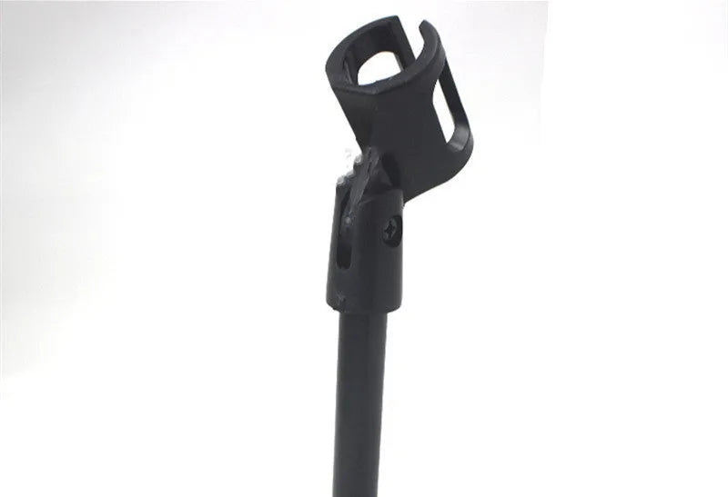 Black metal desktop microphone bracket with triangular base and fixed 22cm height stand