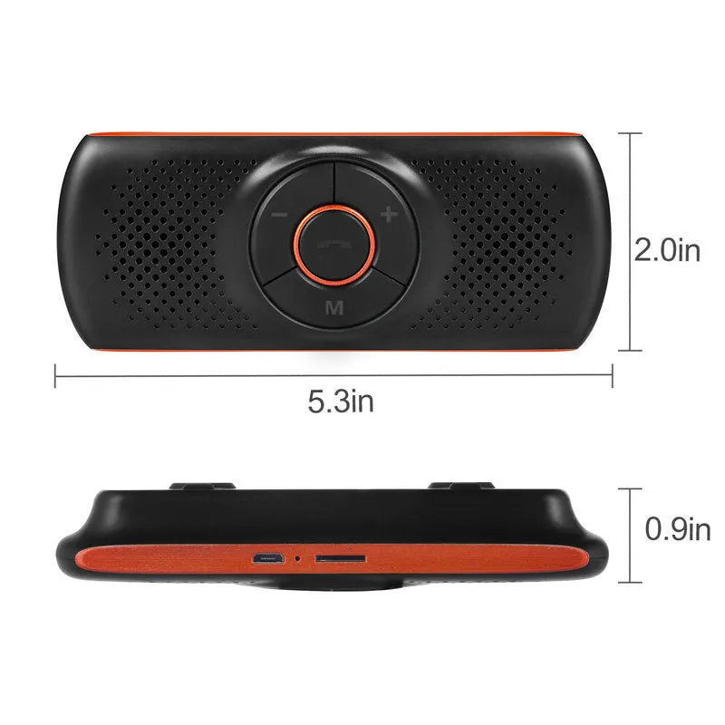 Orange Bluetooth car hands-free speaker unit shown mounted on a car sun visor.