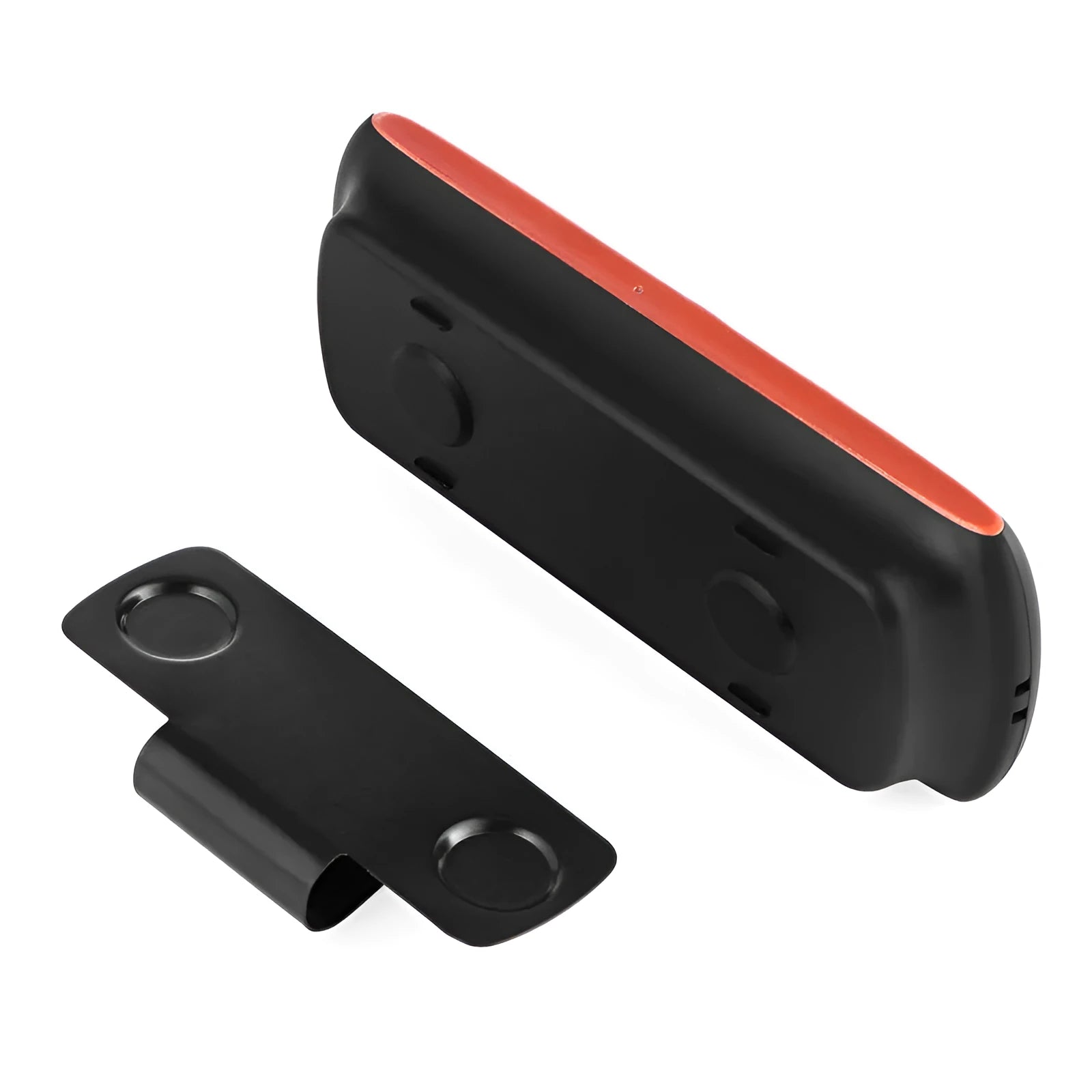 Orange Bluetooth car hands-free speaker unit shown mounted on a car sun visor.