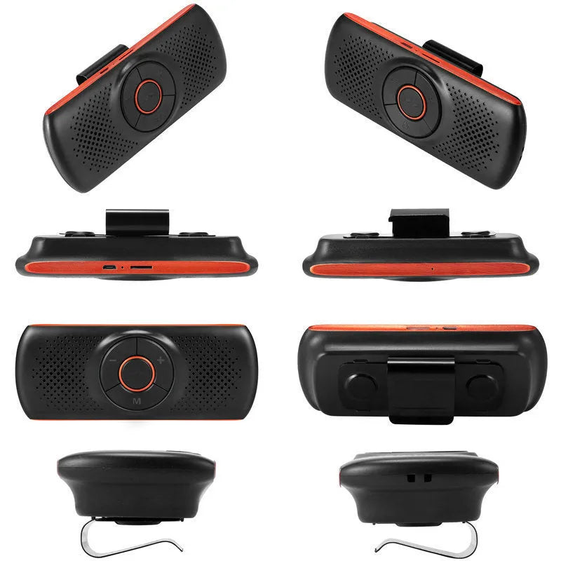 Orange Bluetooth car hands-free speaker unit shown mounted on a car sun visor.