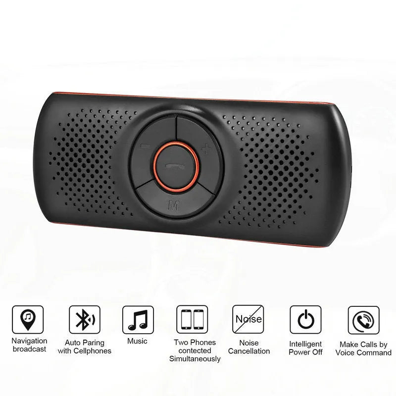 Orange Bluetooth car hands-free speaker unit shown mounted on a car sun visor.