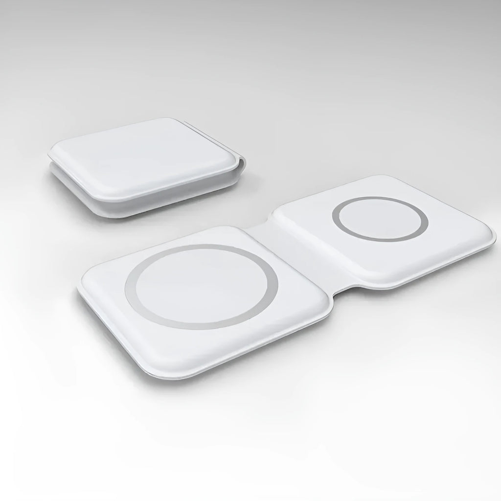 White foldable magnetic wireless charging dock showing dual charging surfaces and compact dimensions