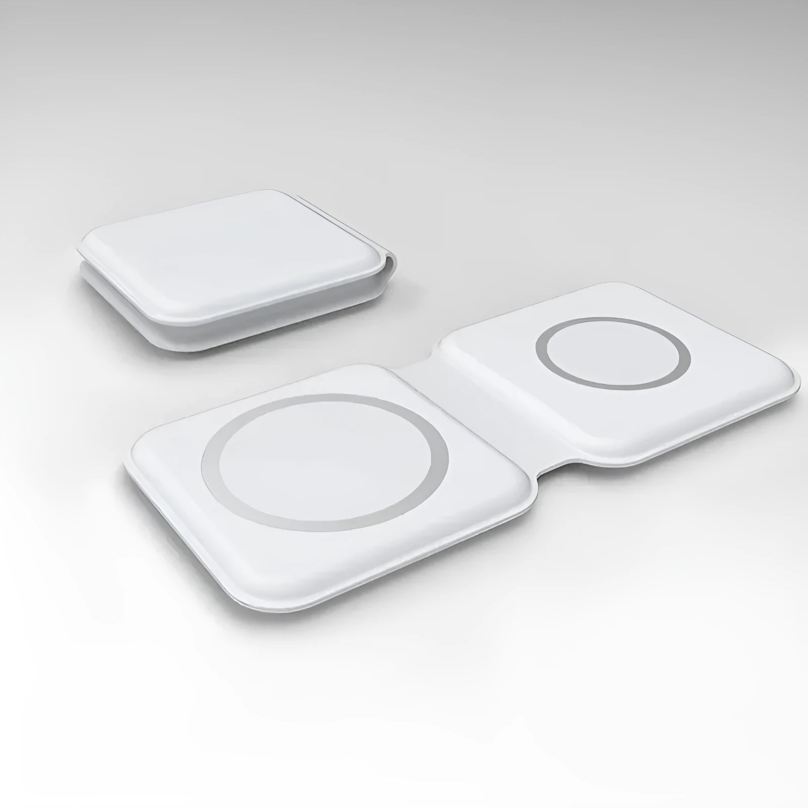 White foldable magnetic wireless charging dock showing dual charging surfaces and compact dimensions
