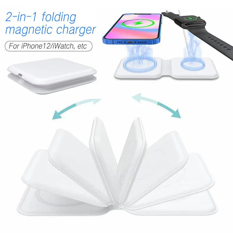 White foldable magnetic wireless charging dock showing dual charging surfaces and compact dimensions
