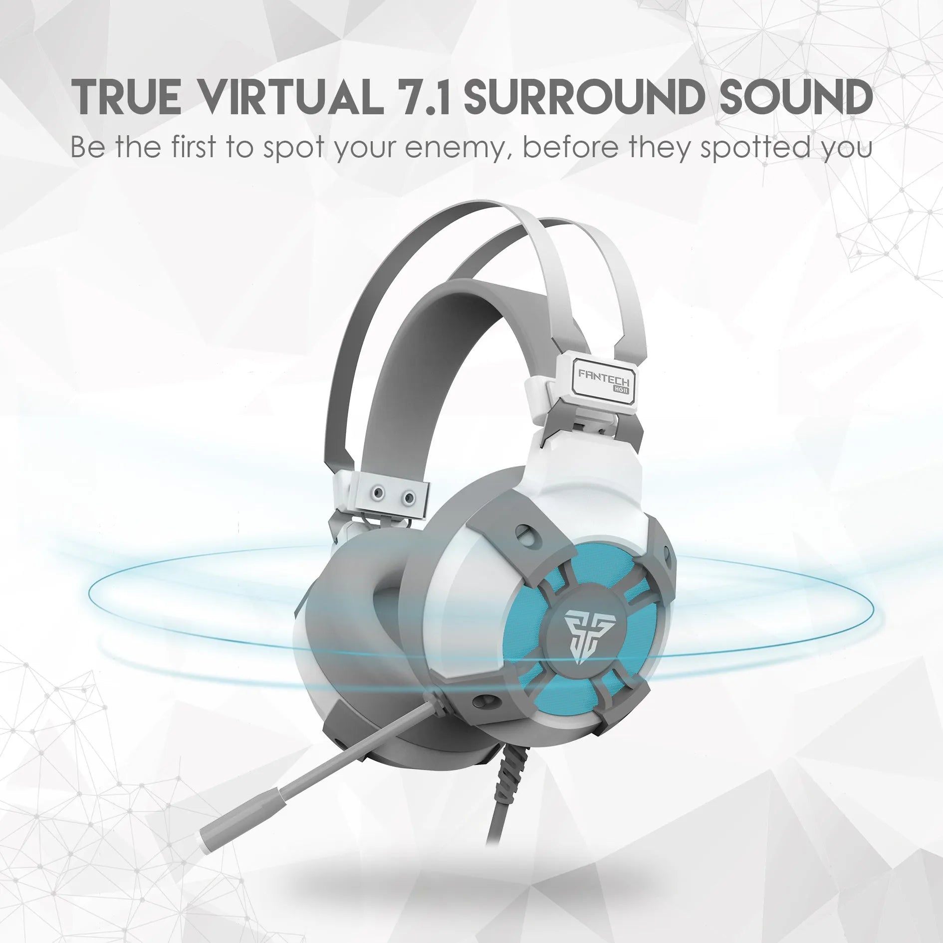 Fantech HG11 black gaming headset with RGB lights on ear cups and a USB cable.