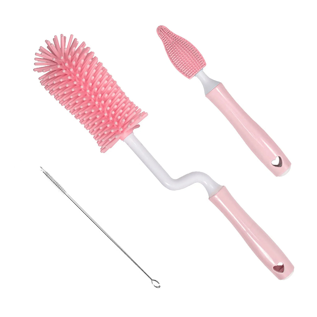 Pink, blue, and yellow silicone baby bottle brush sets with a straw cleaning brush.