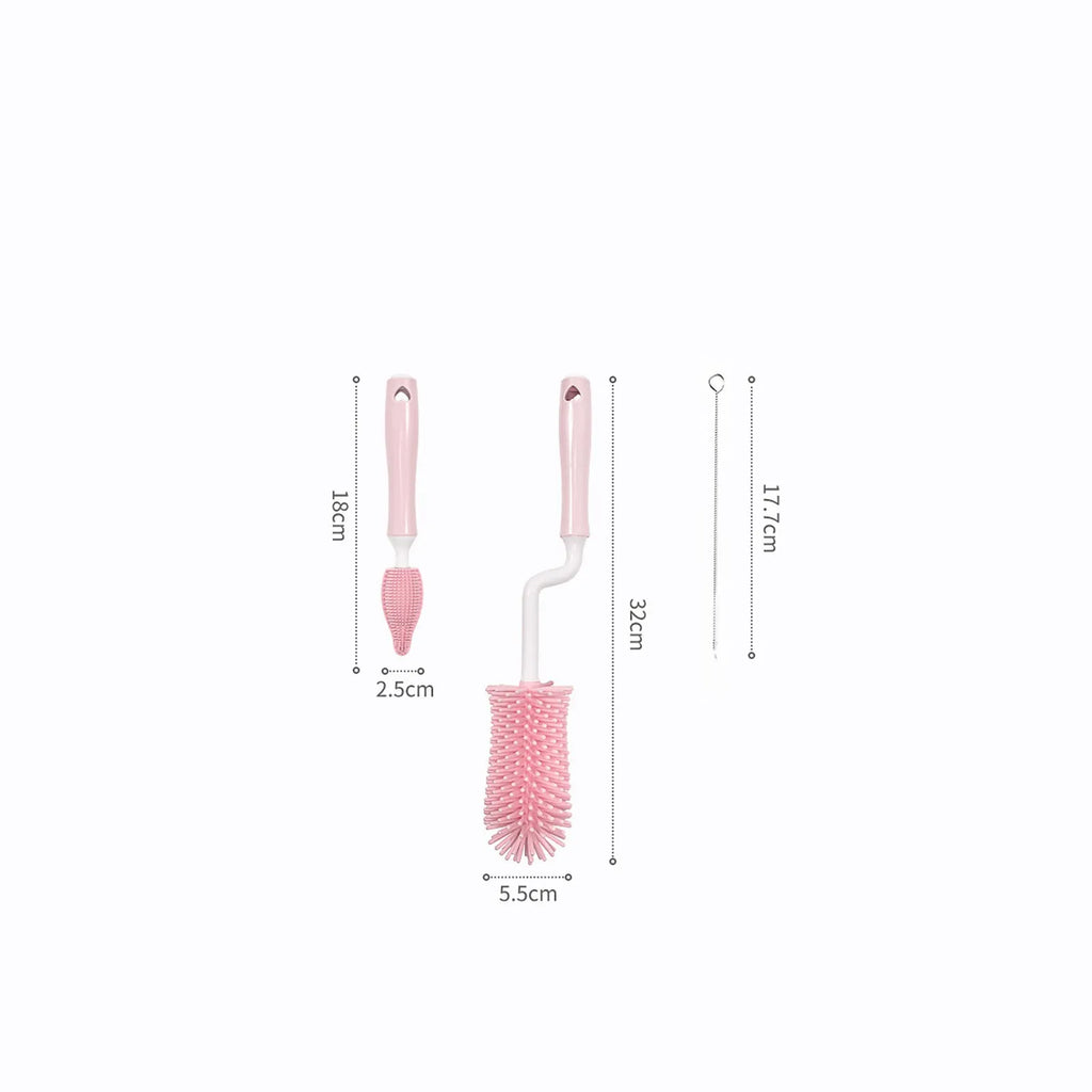 Pink, blue, and yellow silicone baby bottle brush sets with a straw cleaning brush.