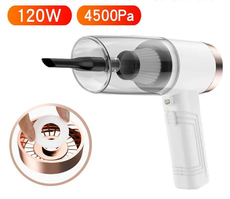 Black and white car vacuum cleaner with long cord and set of five suction head accessories
