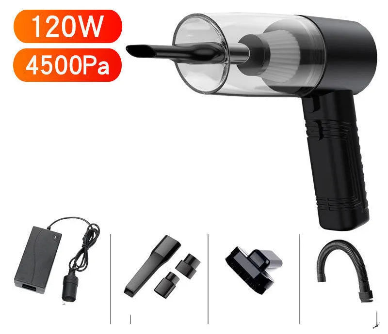 Black and white car vacuum cleaner with long cord and set of five suction head accessories