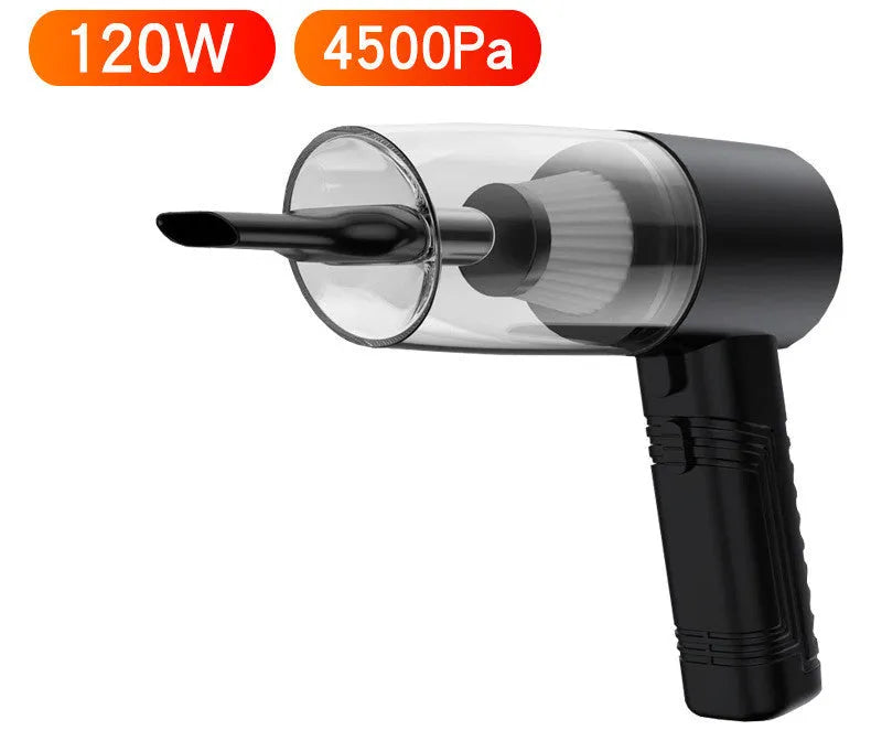 Black and white car vacuum cleaner with long cord and set of five suction head accessories