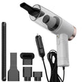 Black and white car vacuum cleaner with long cord and set of five suction head accessories
