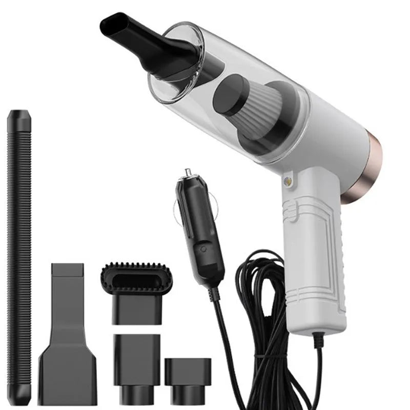 Black and white car vacuum cleaner with long cord and set of five suction head accessories