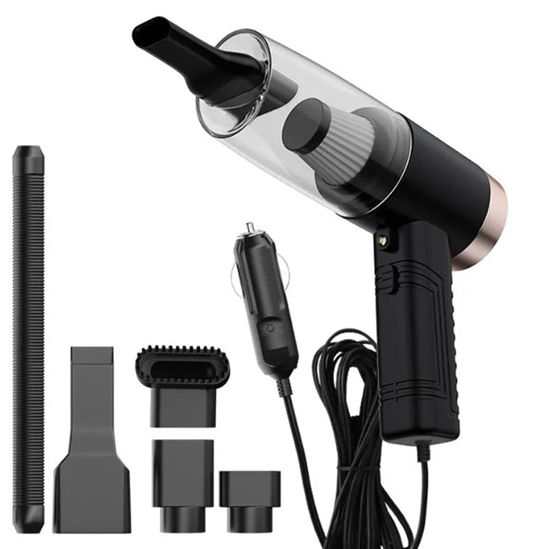 Black and white car vacuum cleaner with long cord and set of five suction head accessories