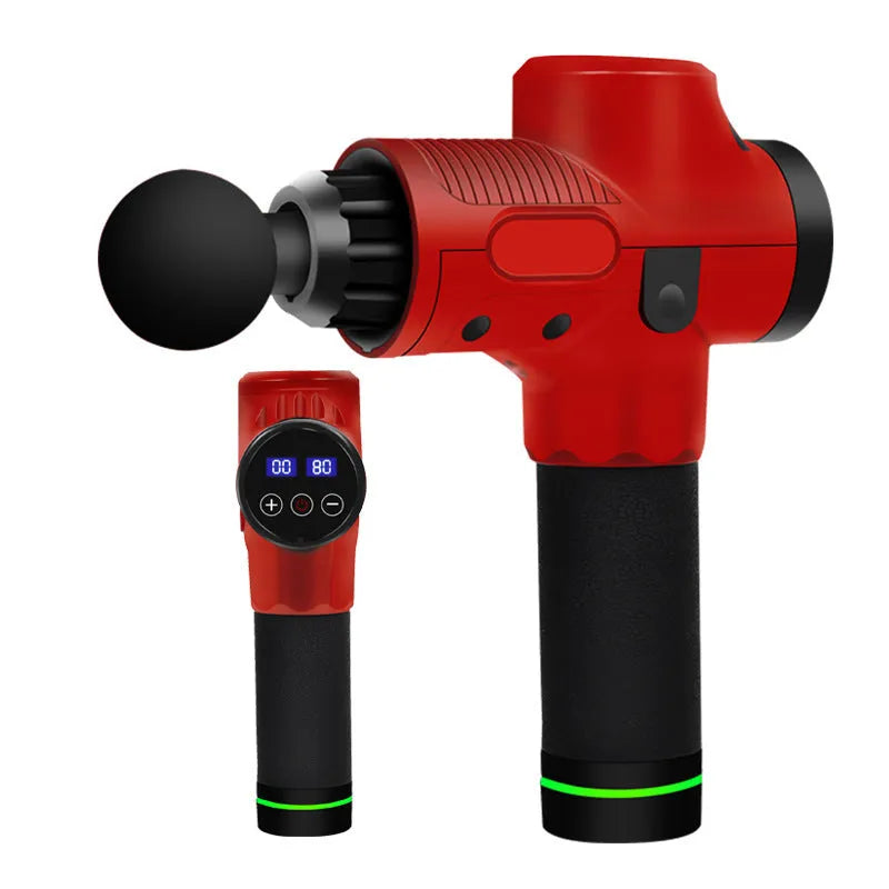 Black electric muscle massage gun with multiple attachment heads on a grey background.