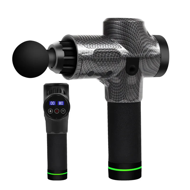 Black electric muscle massage gun with multiple attachment heads on a grey background.