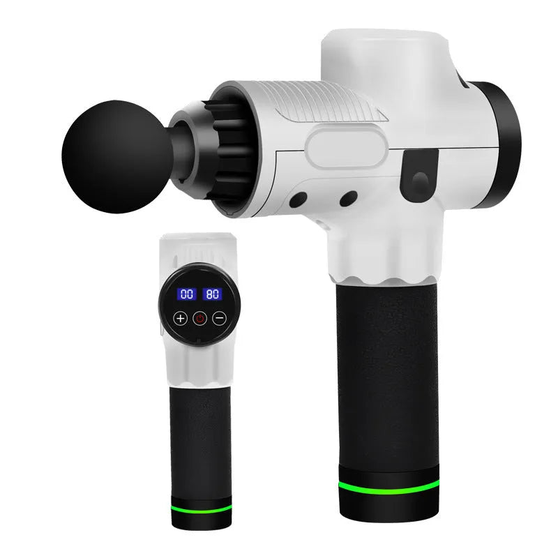 Black electric muscle massage gun with multiple attachment heads on a grey background.