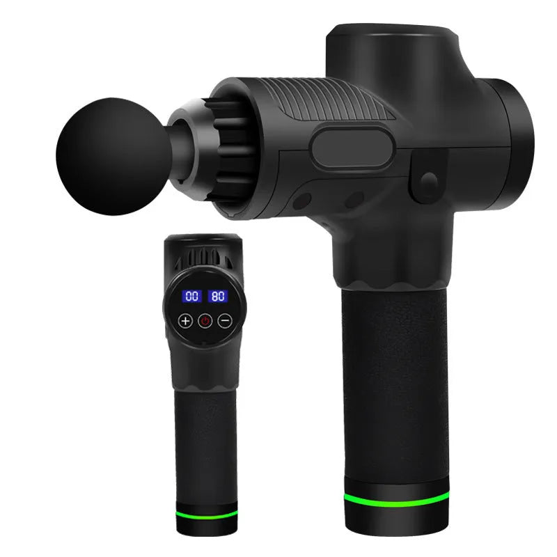 Black electric muscle massage gun with multiple attachment heads on a grey background.