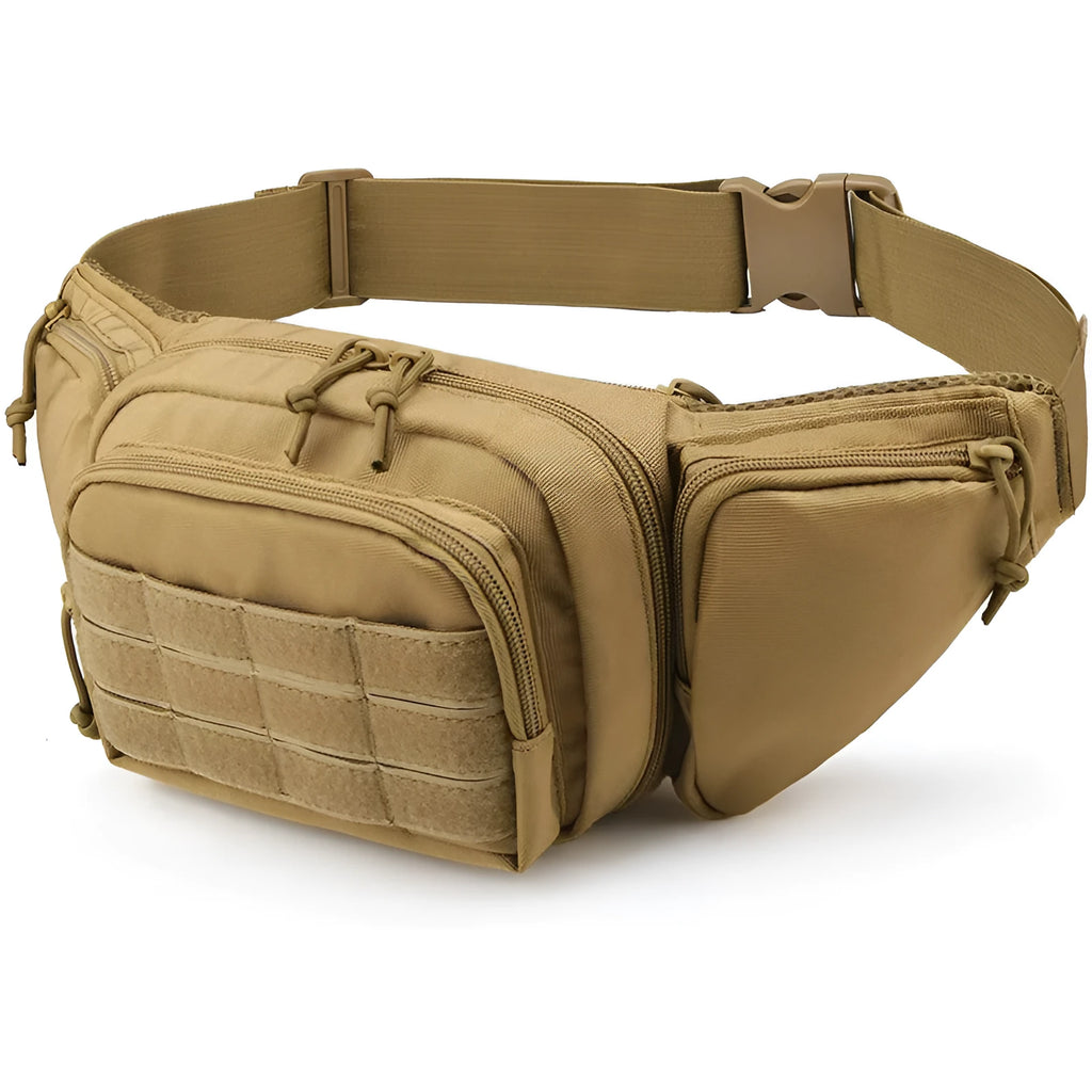 Black and khaki tactical multifunctional waist bag shown worn around the waist.