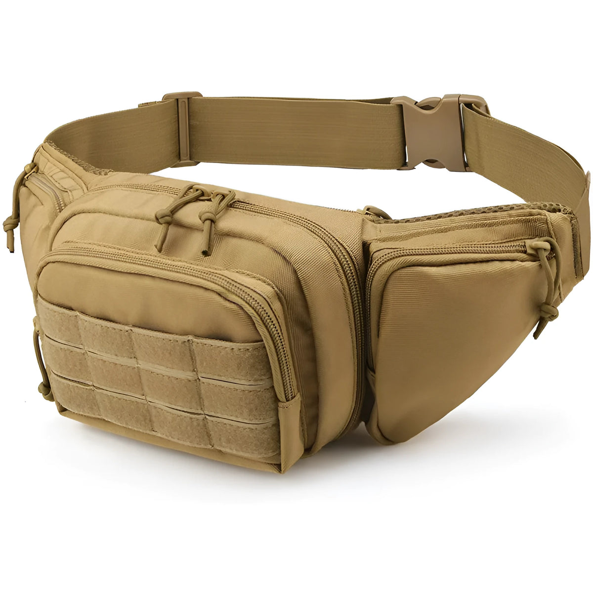 Black and khaki tactical multifunctional waist bag shown worn around the waist.