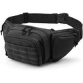 Black and khaki tactical multifunctional waist bag shown worn around the waist.