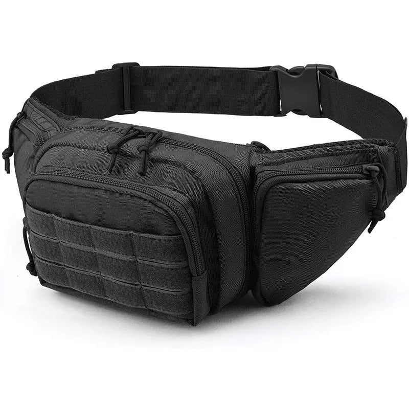 Black and khaki tactical multifunctional waist bag shown worn around the waist.