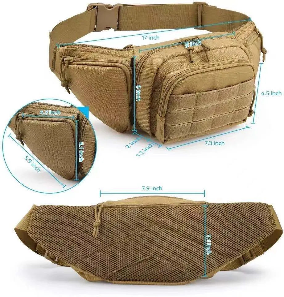 Black and khaki tactical multifunctional waist bag shown worn around the waist.