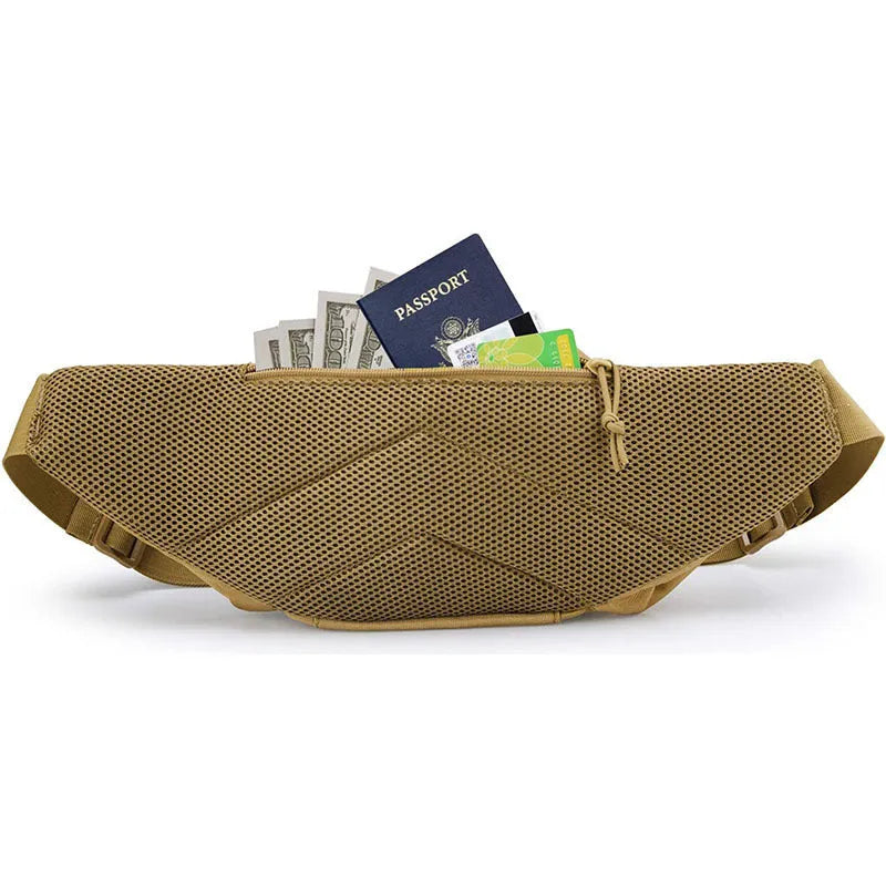 Black and khaki tactical multifunctional waist bag shown worn around the waist.