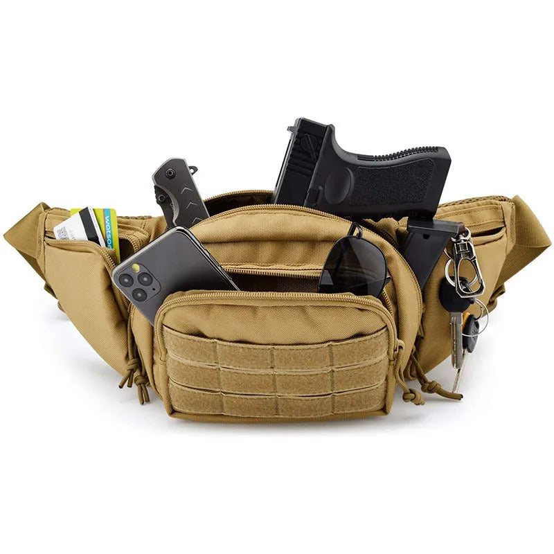 Black and khaki tactical multifunctional waist bag shown worn around the waist.