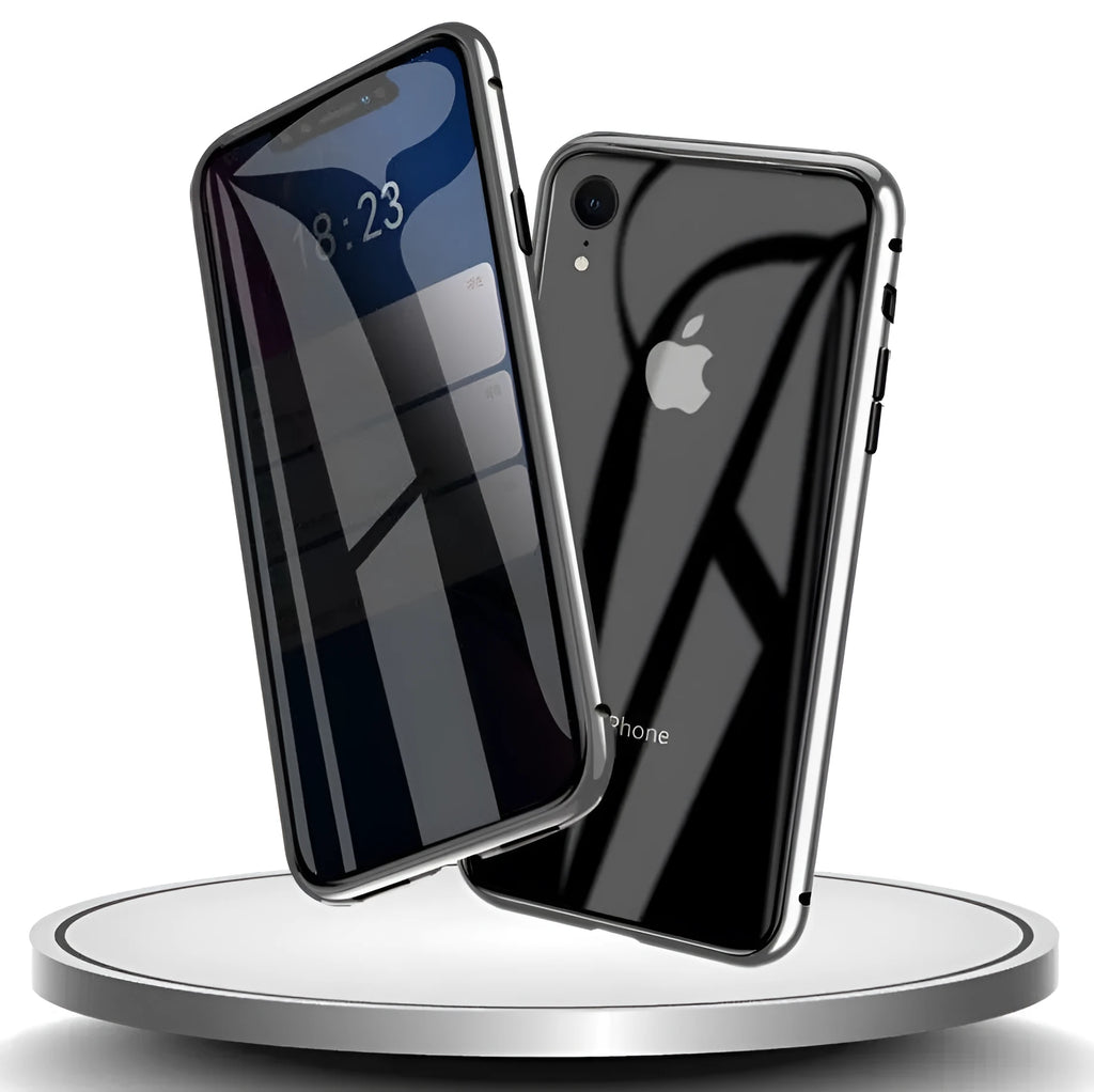 Glass anti-spy clamshell phone case for iPhone in black, blue, gold, green, red, or silver.