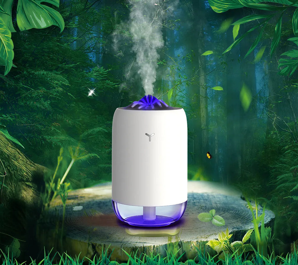 Magic Flame columnar humidifier in white with USB cable for desktop placement