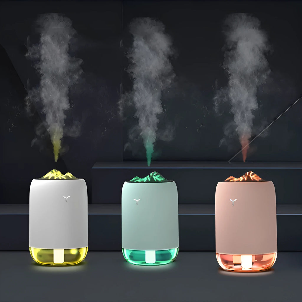 Magic Flame columnar humidifier in white with USB cable for desktop placement