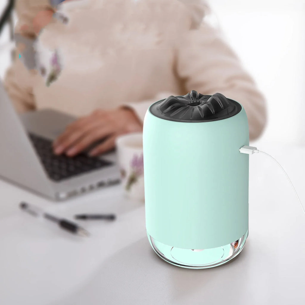 Magic Flame columnar humidifier in white with USB cable for desktop placement