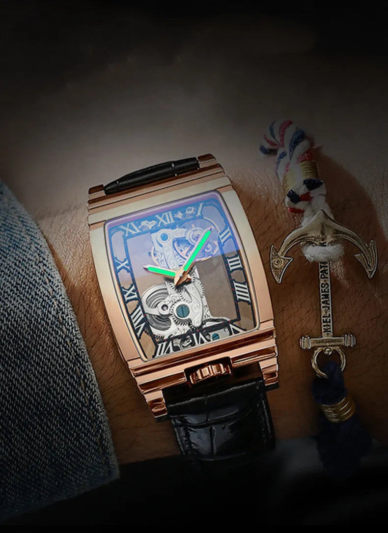 Daystar square stainless steel mechanical watch with leather strap on wrist, showing 42mm dial.