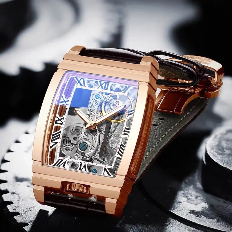 Daystar square stainless steel mechanical watch with leather strap on wrist, showing 42mm dial.