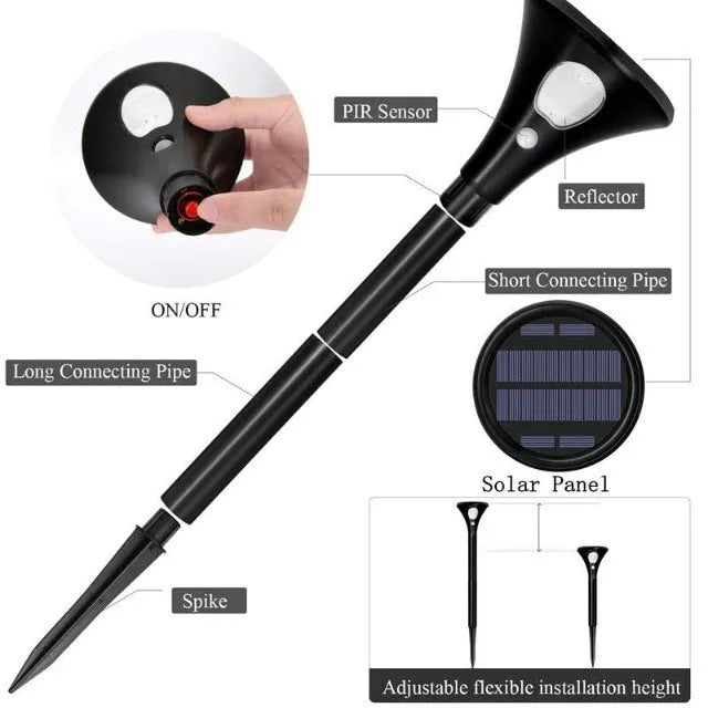 Solar-powered outdoor ground plug light with lamp pole for garden pathway illumination.