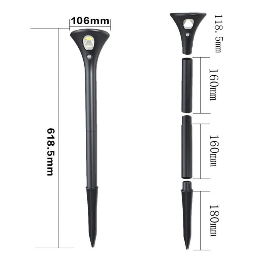 Solar-powered outdoor ground plug light with lamp pole for garden pathway illumination.