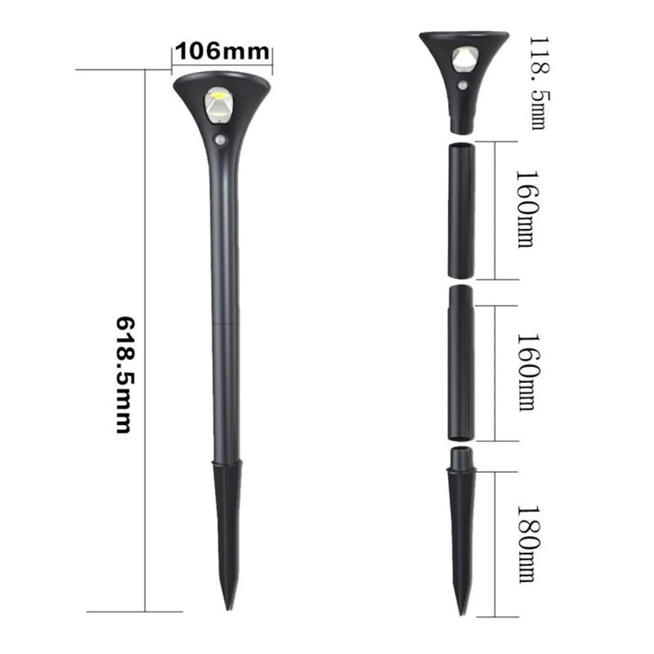 Solar-powered outdoor ground plug light with lamp pole for garden pathway illumination.