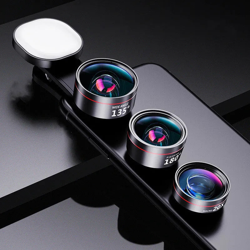 Universal smartphone fill light attachment with interchangeable wide angle, macro and fish eye lens options