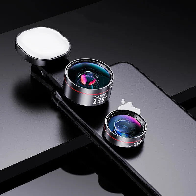 Universal smartphone fill light attachment with interchangeable wide angle, macro and fish eye lens options