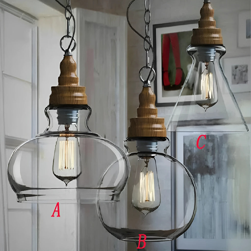 Nordic style glass pendant light with wood grain finish and adjustable hanging cable