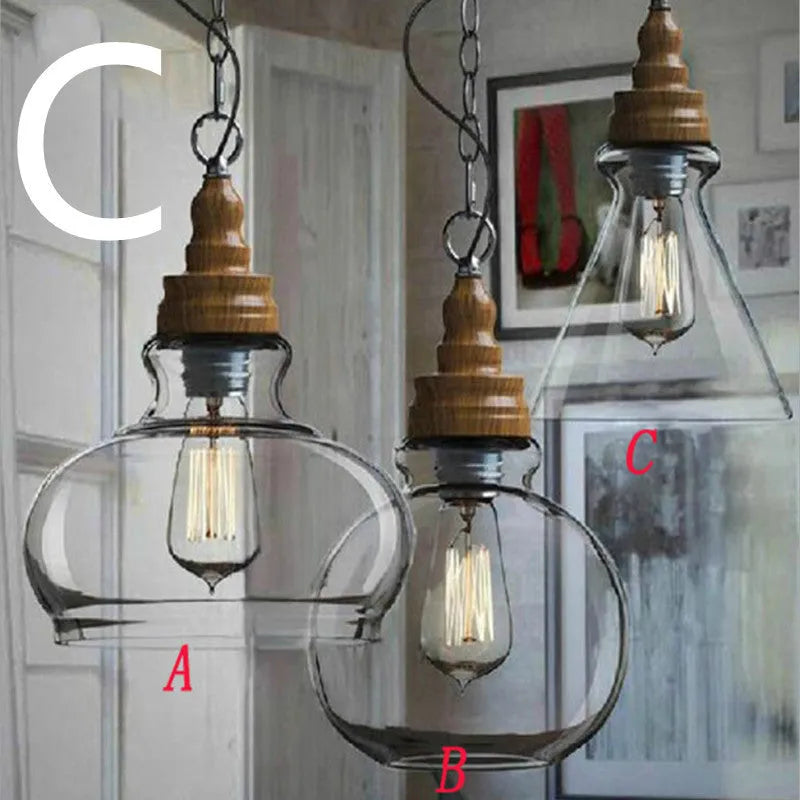 Nordic style glass pendant light with wood grain finish and adjustable hanging cable