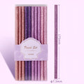 HB pencil mixed colour pack with purple glitter, pale pink, and poplar wood barrels in a display box.