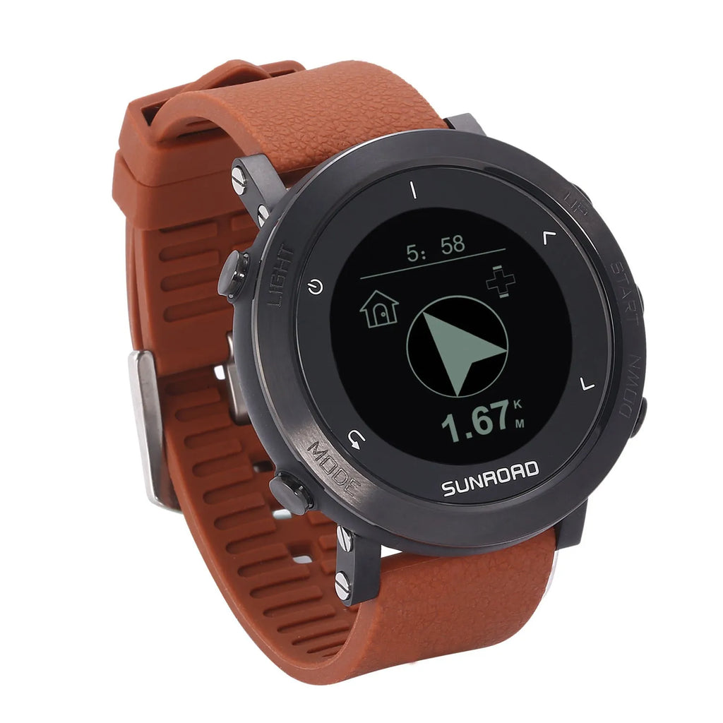 Smart sports watch with compass display showing heart rate and GPS tracking features in stainless steel case
