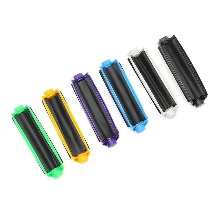 Manual plastic cigarette maker with cone mould for 110mm cloths, shown in multiple colour options.