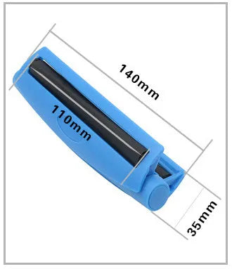 Manual plastic cigarette maker with cone mould for 110mm cloths, shown in multiple colour options.