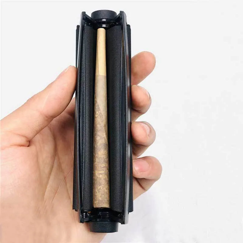 Manual plastic cigarette maker with cone mould for 110mm cloths, shown in multiple colour options.