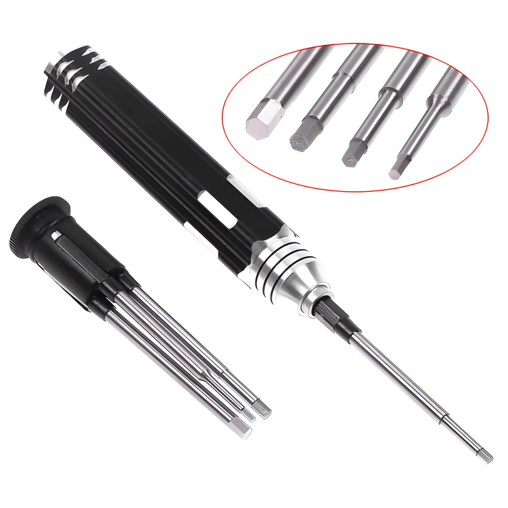 Black aluminium handle hex screwdriver set with four carbon steel bits for aeromodelling.