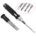 Black aluminium handle hex screwdriver set with four carbon steel bits for aeromodelling.