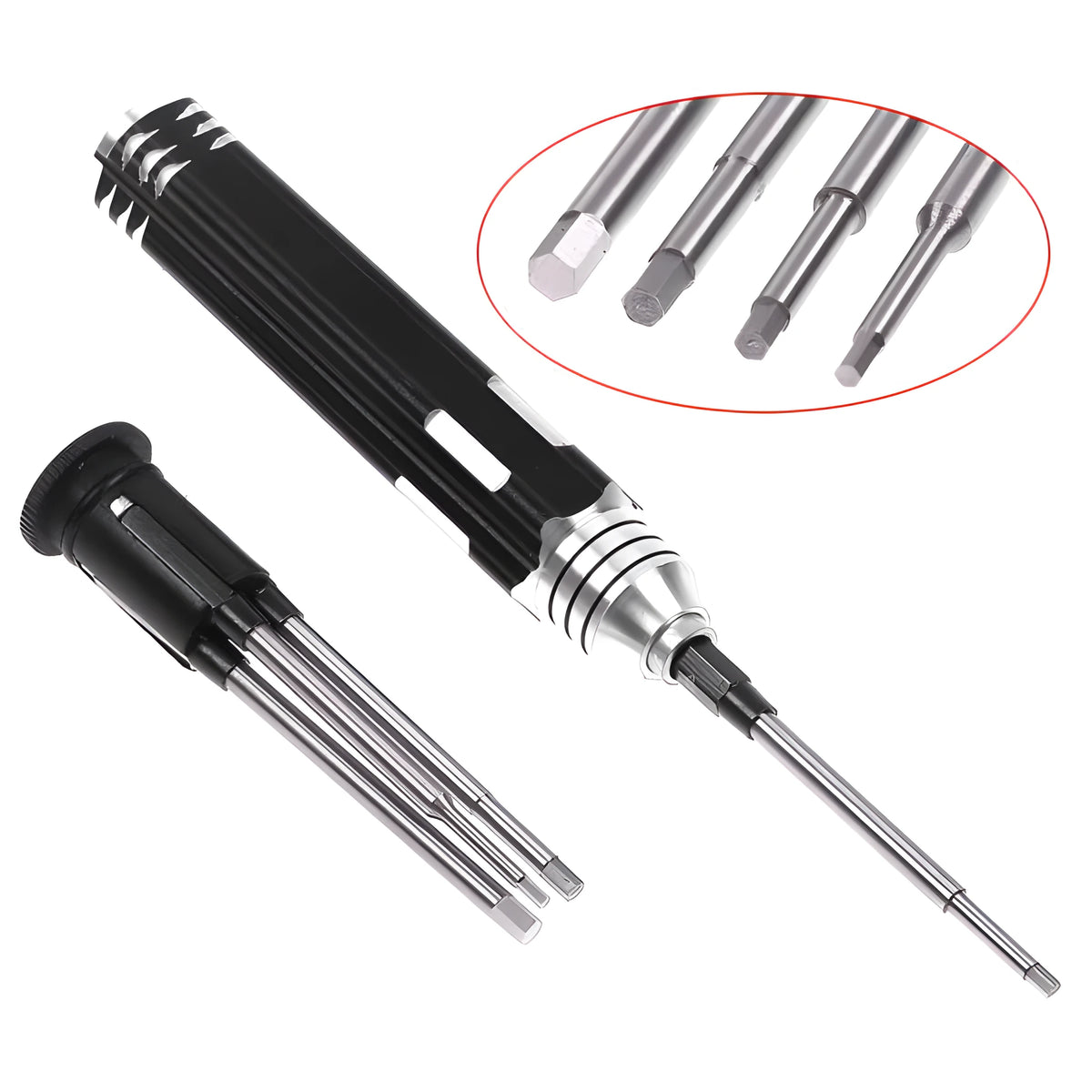 Black aluminium handle hex screwdriver set with four carbon steel bits for aeromodelling.